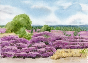 Poster DIN-A4  Aquarell Kunst Druck Kunstdruck Lüneburger Heide Lüneburg Landschaft Kutsche Kutschfahrt